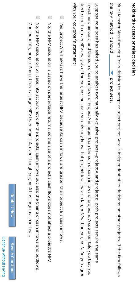 Making the accept or reject decision Blue Hamster Manufacturing Inc.s decision to accept or reject project Beta is independe