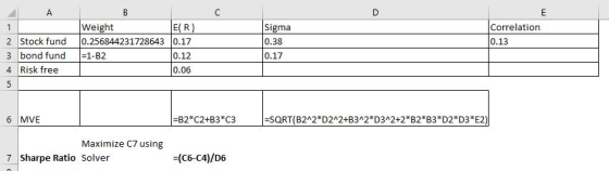 D F Sigma 0.38 0.17 Correlation 0.13 Weight ER) 0.256844231728643 0.17 1=1-B2 0.12 0.06 2 Stock fund 3 bond fund 4 Risk free