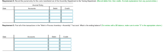 Requirement 4. Record the journal entry for the costs transferred out of the Assembly Department to the Testing Department. (