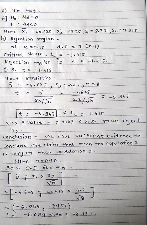 9) To test. A] Ho! 4d = 0 Hi! 4d co Here X = 40.625, X2= 45.25 S, = 8.717 S₂=7.815 b) Rejection region at < =0.10 dof a7 Cnal