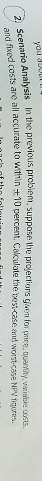 you about previous problem, suppose the projections given for price, quantity, variable costs ed costs are all accurate to within +10 percent. Calculate the best case and worst-case NPV figures. he