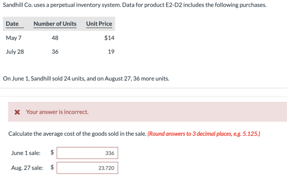 Sandhill Co. uses a perpetual inventory system. Data for product E2-D2 includes the following purchases. Date Number of Units