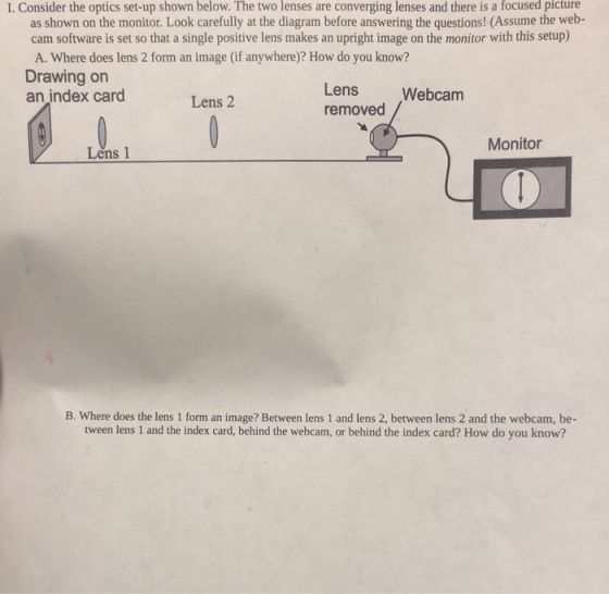 I. Consider the optics set-up shown below. The two lenses are converging lenses and there is a focused picture as shown on the monitor. Look carefully at the diagram before answering the questions! (Assume the web- cam software is set so that a single positive lens makes an upright image on the monitor with this setup) A. Where does lens 2 form an image (if anywhere)? How do you know? Drawing on an index card Lens Webcam removed Lens 2 Monitor Lens 1 B. Where does the lens 1 form an image? Between lens 1 and lens 2, between lens 2 and the webcam, be- tween lens 1 and the index card, behind the webcam, or behind the index card? How do you know?