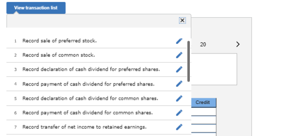 View transaction list 1 Record sale of preferred stock. 20 2 Record sale of common stock. 3 Record declaration of cash divide