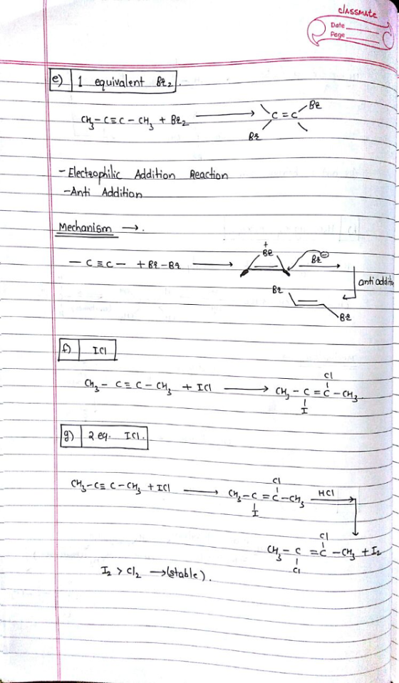 classmate Date Page le) 1-equivalent..요 Elechsophilke Adition Reachon Anti Addiion LMechanism. 8e ani addi Be Ch CI HCI 1 cl