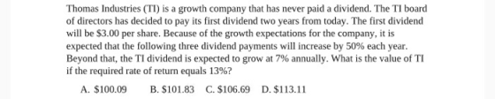 Thomas Industries (TI) is a growth company that has never paid a dividend. The TI board of directors has decided to pay its f