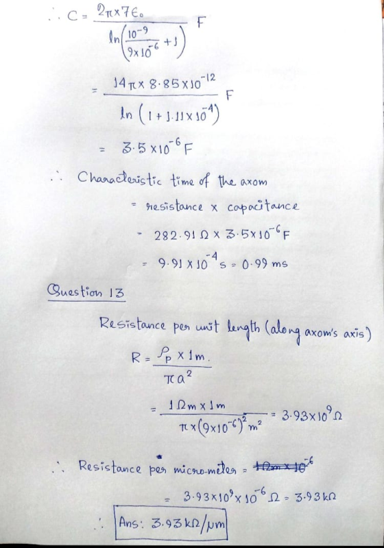 ::0 21x7€. F In(10-9 -6+) 9x106 1414 8.85x10-12 F In (1 + 3. 11x104) 3.5x10-6F Characteristic time of the axom resistance x c