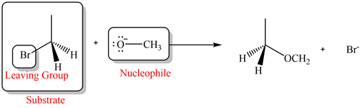 #111
+ :0-CH3
+
Br
OCH
H
Leaving Group
Nucleophile
Substrate
