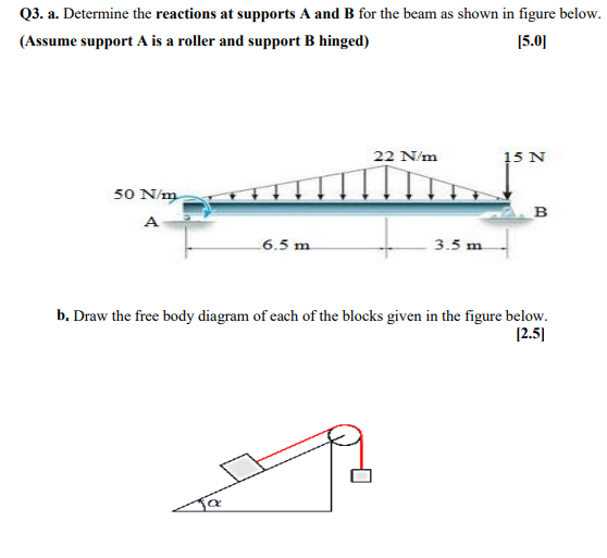 Q3. a. Determine the reactions at supports A and B for the beam as shown in figure below. (Assume support A is a roller and s