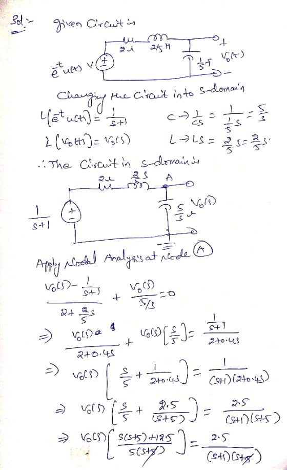 Sot given Circuit is A ra mm TO 215H I a). 7 st Walt) e ust) Vrt se - - Changing the Circuit in to s-domain Letust) o costs 2