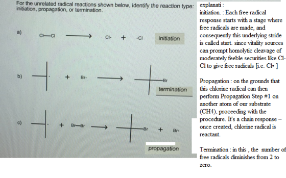 For the unrelated radical reactions shown below, identify the reaction type: initiation, propagation, or termination. initiat
