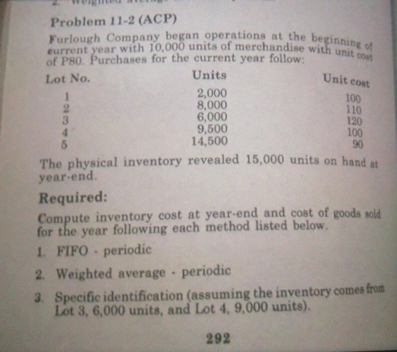 2 WORLU the beginning of andise with unit cost Unit cost 120 Problem 11-2 (ACP) Furlough Company began operations at the begi