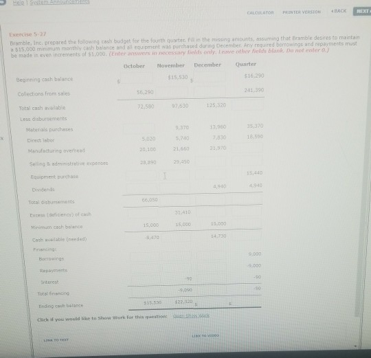 Stem Ano CALCULATOR PRINTER VEnsion BACK NEXTA Ixercise 5-27 Bramble Incoreowed the owing cash budget for the fourth quarter