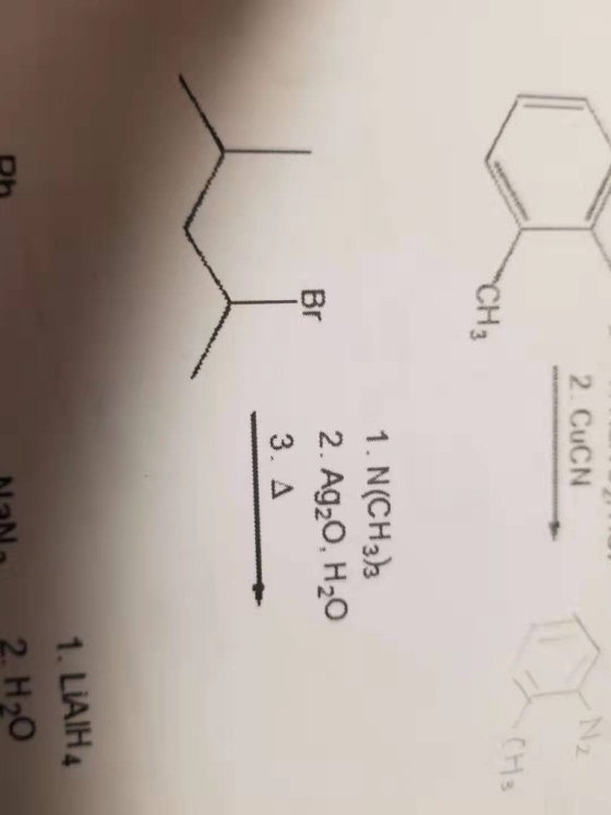 2. CuCN -CH₃ 1. N(CH3)2 2. Ag2O, H20 3.A Br 1. LiAlH4 Ph NaN 2. H20