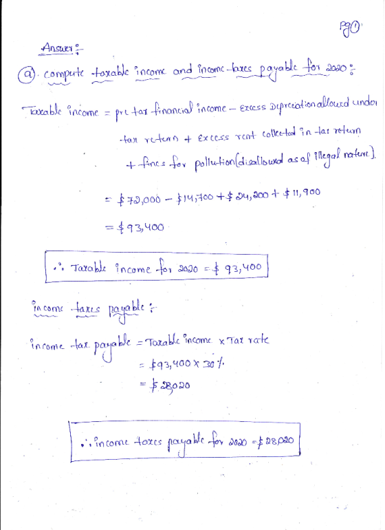 Answer o @. compute taxable income and incorne bores payable for 2000: Taxable income = pre tar financial income – Excess dep