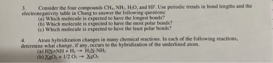 3. Consider the four compounds CH, NHs, H,O, and HF. Use periodic trends in bond lengths and the electronegativity table in C