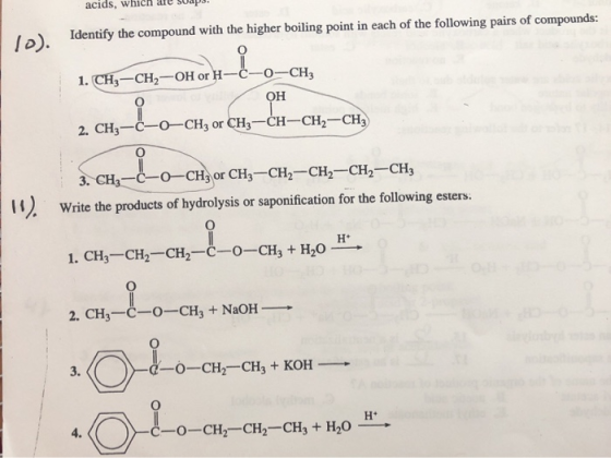 Identify the compound with the higher boiling point in each of the following pairs of compounds: 1. CH2-CH2-OH or H--C--0--CH