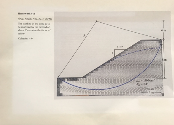 Homework 811 (Due: Friday Nov. 22 5:00PM The stability of the slope is to be analyzed by the method of slices. Determine the