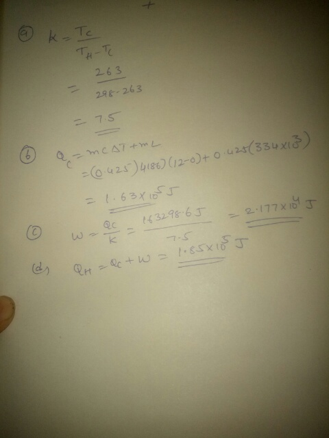 @ k-Te TH-TE 263 298 263 = 7.5 6 a-mCATIML = (0.425) 4186) (12-0) + 0.425(334x13) -1.63x10 waac – 163295.65 - 2:177X104 J = 1