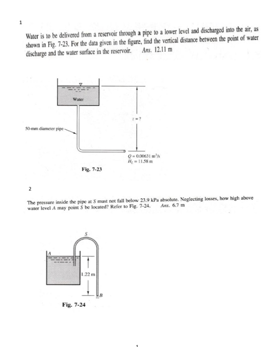 Water is to be delivered from a reservoir through a pipe to a lower level and discharged into the air, as shown in Fig. 7-23.