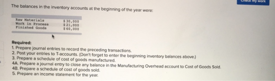 GnecK my work The balances in the inventory accounts at the beginning of the year were: $ 30,000 $ 21,000 $ 60,000 Raw Materi