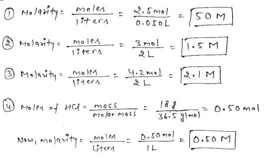 0.0 SOL Molarity modules are prob = som ® Molarity a mothers - 3501 -[1.5M 3 Molasity - males 2 mol = 2.1M] u moles of HCl =