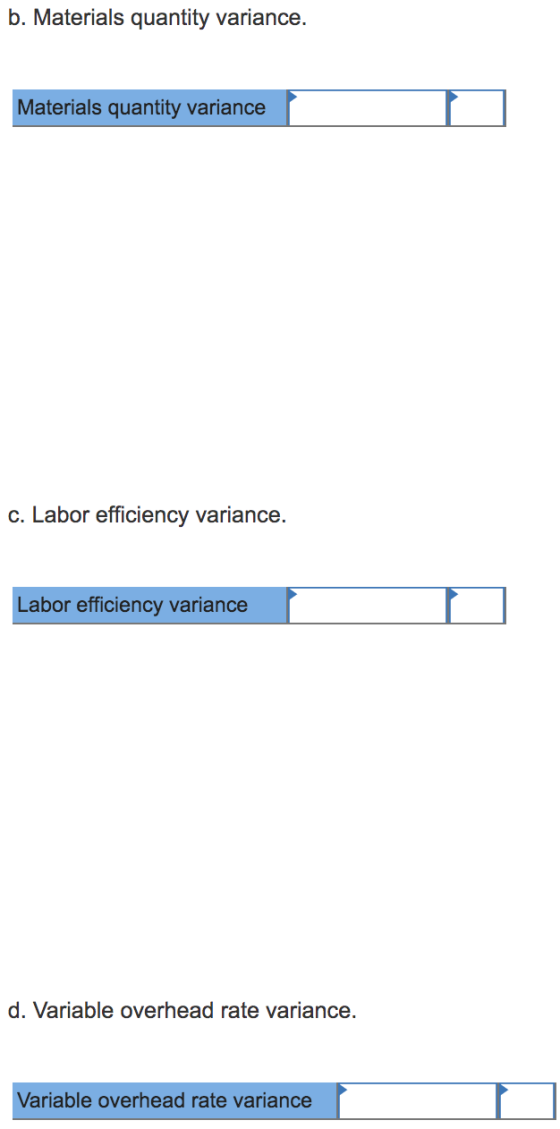 b. Materials quantity variance. Materials quantity variance c. Labor efficiency variance. Labor efficiency variance d. Variab