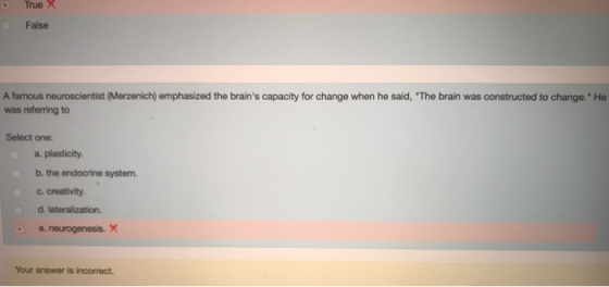 TrueX False A famous neuroscientist (Merzenich) emphasized the brains capacity for change when he said, The brain was constructed to change. He was referring to Select one: a. plasticity. b. the endocrine system. c. creativity. d. lateralization. e.neurogenesis. X Your answer is incorrect