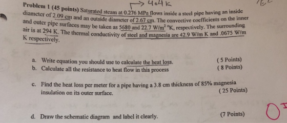 lroblem 1 (45 point diameter of 2.09 em and an outside diameter of 2.67 cm. The convective coc and outer pipe surfaces may be taken as 5680 and 22.7 W/m2 oK, respectively. I m air is at 294 K. The thermal conductivity of steel and magnesia are K respectively s) Saturated steam at 0.276 MPa fows inside a steel pipe having an inside e coefficients on the inner The surrounding 42.9 W/m K and .0 675 W/m Write equation you should use to calculate the heat loss. Calculate all the resistance to heat flow in this process (5 Points) (8 Points) a. b. Find the heat loss per meter for a pipe having a 3.8 cm thickness of 85% magnesia insulation on its outer surface c. (25 Points) d. Draw the schematic diagram and label it clearly. (7 Points)