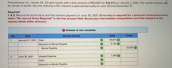 Pretzelmania, Inc., issues 5%, 20-year bonds with a face amount of $53,000 for $46,875 on January 1, 2021. The market interes