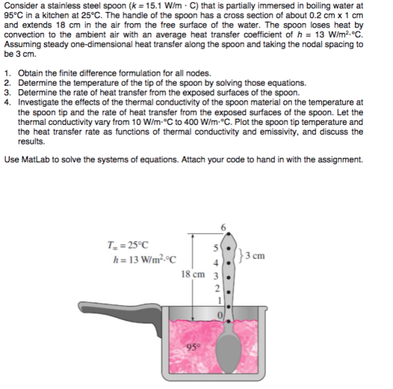 Consider a stainless steel spoon (k= 15.1 W/m·C) that is partially immersed in boiling water at 95°C in a kitchen at 25°C. The handle of the spoon has a cross section of about 0.2 cm x 1 cm and extends 18 cm in the air from the free surface of the water. The spoon loses heat by convection to the ambient air with an average heat transfer coefficient of h = 13 W/m2. Assuming steady one-dimensional heat transfer along the spoon and taking the nodal spacing to be 3 cm 1. Obtain the finite difference formulation for all nodes. Determine the temperature of the tip of the spoon by solving those equations Determine the rate of heat transfer from the exposed surfaces of the spoon. Investigate the effects of the thermal conductivity of the spoon material on the temperature at the spoon tip and the rate of heat transfer from the exposed surfaces of the spoon. Let the thermal conductivity vary from 10 W/m°C to 400 W/m °C. Plot the spoon tip temperature and the heat transfer rate as functions of thermal conductivity and emissivity, and discuss the results. 2. 3. 4. Use MatLab to solve the systems of equations. Attach your code to hand in with the assignment. 7, = 25°C h = 13 W/m2,°C cm 18 cm 3 0 95°