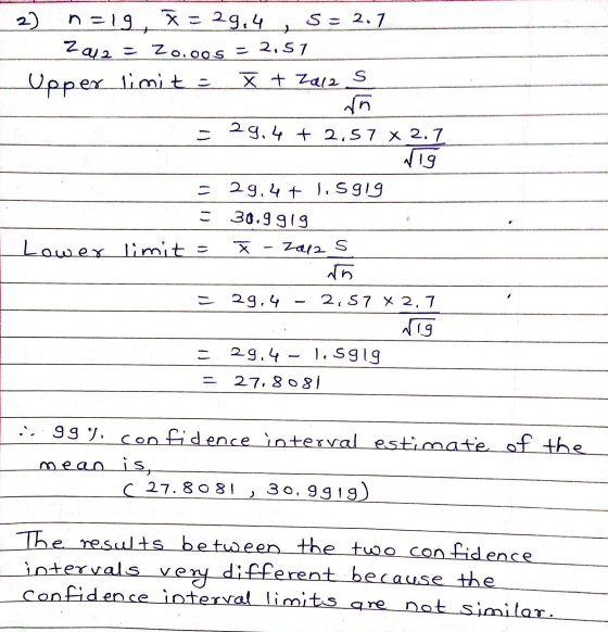 n=19, x=29,4 2) S - 2.7 Z2U/2 = 20.005 = 2,51 X + Zala S Upper limite - 29,4 + 2,57 x 2.7 Nig 29.44 l. 5919 - 30.9919 Lowex l