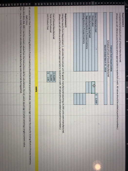 Requirement 2 Complete the Schedule of Cost of Goods Manufactured. (Always use cell references and formulas where appropriate