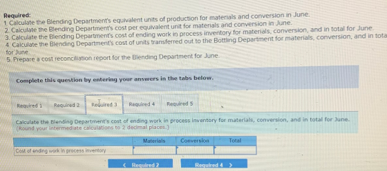 Required: 1. Calculate the Blending Departments equivalent units of production for materials and conversion in June. 2. Calc
