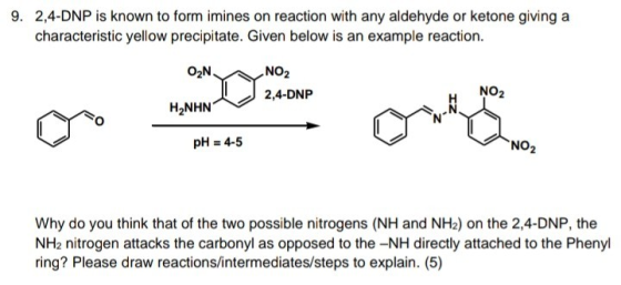 9. 2,4-DNP is known to form imines on reaction with any aldehyde or ketone giving a characteristic yellow precipitate. Given