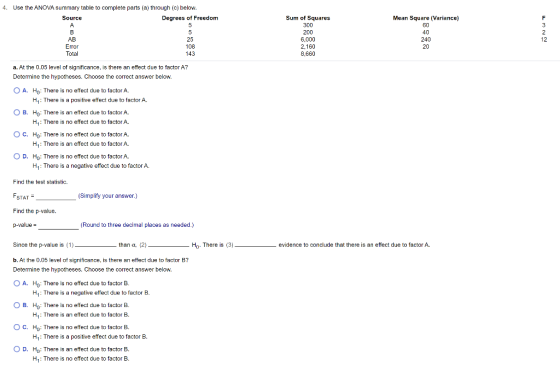 4. Use the ANOVA summary table to complete parts (a) through (c) below. Source Degrees of Freedom Mean Square (Variance) 60 S