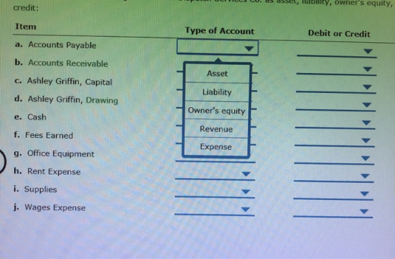 VICCJ CO. as asse, lability, owners equity, credit: Type of Account Debit or Credit Item a. Accounts Payable b. Accounts Rec