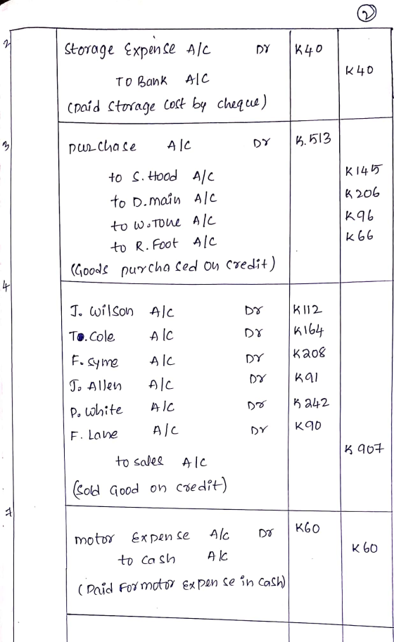 2 거 Storage Expense Alc DY k40 K 40 TO Bank AIC (paid Storage cost by chequie) 3 Alc purchase 3.513 DY to S. Hood AIC K14 15