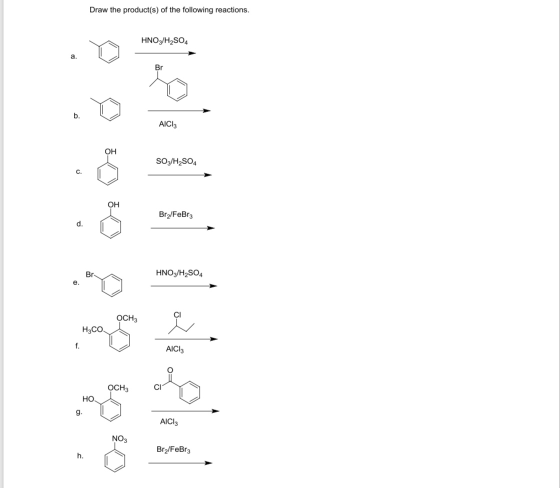 Draw the product(s) of the following reactions. HNO3/H2SO4 Br AICI3 Он So/H2SO4 Он Br2/FeBr3 d. HNO3/H2SO4 Br е. OCH3 Насо. f