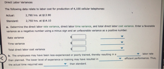 Direct Labor Variances The following data relate to labor cost for production of 4,100 cellular telephones: Actual: Standard: