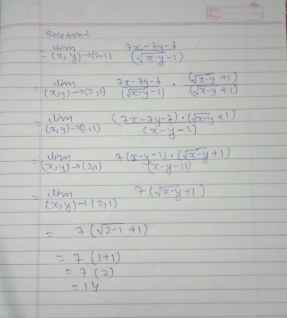 Page solution linn 72-74-7 (x, y) (2, 1) zeny-) clim 70-74-7 az-y +1) (x,y)-> (2,1) (x-y-1) Wx-y + 1 . lim (70-74-7)=(5x-yt!)