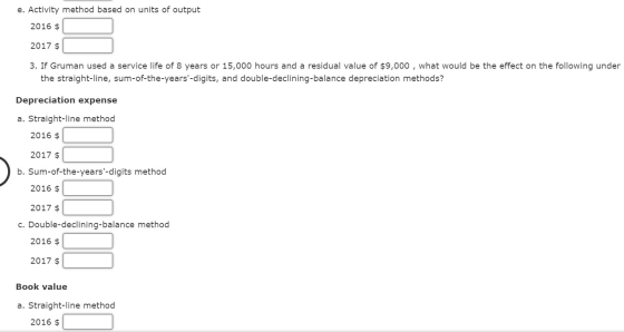 e. Activity method based on units of output 2016 $ 2017 $ 3. If Gruman used a service life of 8 years or 15,000 hours and a r
