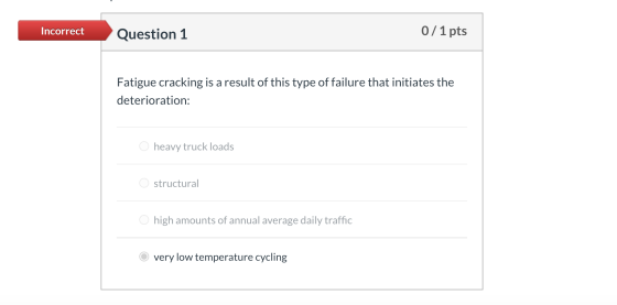 Incorrect Question 1 0/1 pts Fatigue cracking is a result of this type of failure that initiates the deterioration: heavy tru