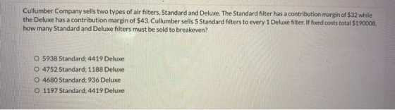 Cullumber Company sells two types of air filters, Standard and Deluxe. The Standard filter has a contribution margin of $32 w