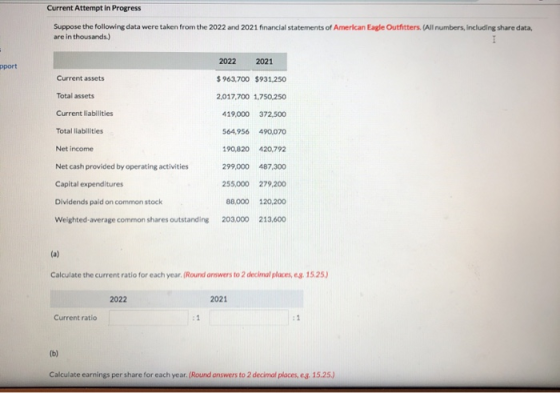 Current Attempt in Progress Suppose the following data were taken from the 2022 and 2021 financial statements of American Eag