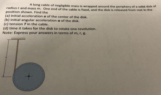 A long cable of negligible mass is wrapped around the periphery of a solid diskot radius r and mass m. One end of the cable i