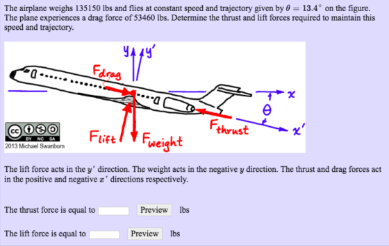 The airplane weighs 135150 lbs and flies at constant speed and trajectory given by θ = 13.4° on the figure. The plane experiences a drag force of 53460 lbs. Determine the thrust and lift forces required to maintain this speed and trajectory. Fdras 0 thrust FieFweight BY NC SA 2013 Michael Swanbom The lift force acts in the y direction. The weight acts in the negative y direction. The thrust and drag forces act in the positive and negative directions respectively The thrust force is equal to The lift force is equal to Preview lbs Preview lbs