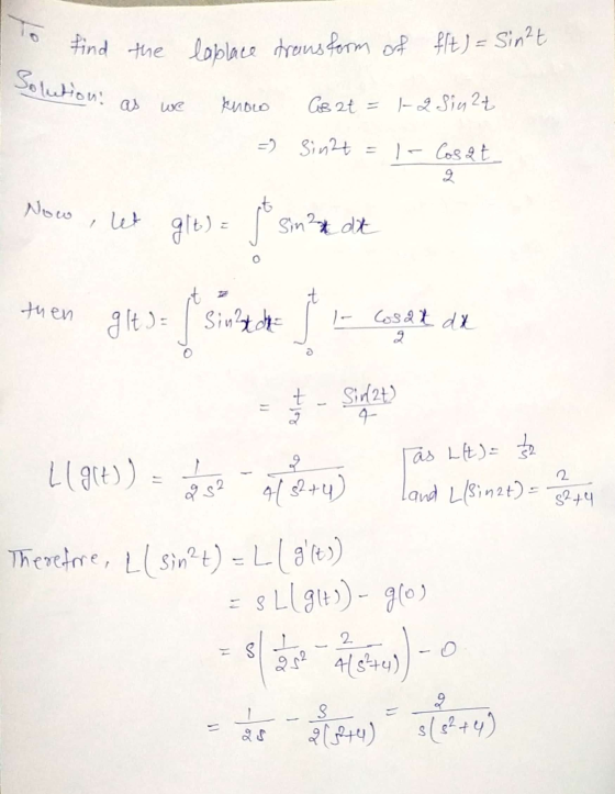 find the lablace transform of flt) = sinht I Solutions as we tout as we know Cosat = 1-2 Sin 2t =) Sinht = 1- Cosat. Now, let