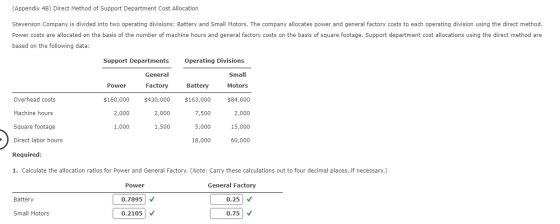 (Appendix 4B) Direct Method of Support Department Cost Allocation Stevenson Company is divided into two operating divisions: