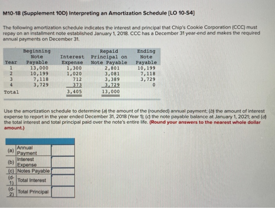 M10-18 (Supplement 10D) Interpreting an Amortization Schedule (LO 10-14) The following amortization schedule indicates the in